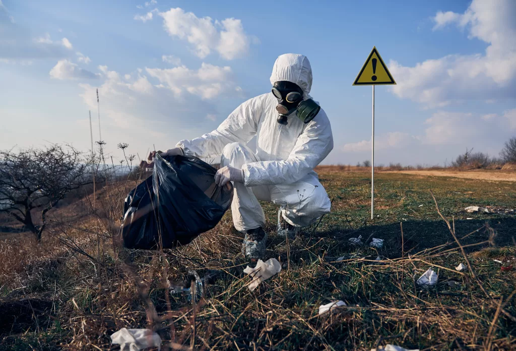 researcher protective suit collecting plastic garbage into black waste bag outdoors sunny day min (1) (1)