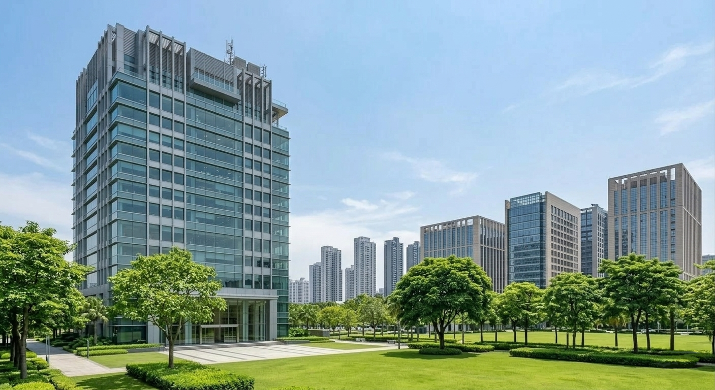 Commercial office buildings surrounded by landscaped green space and maintained lawns in a business park