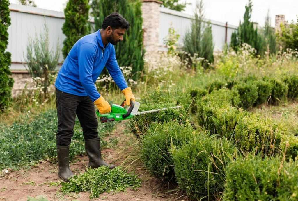 Professional hedge trimming as part of commercial landscape maintenance services in a landscaped property