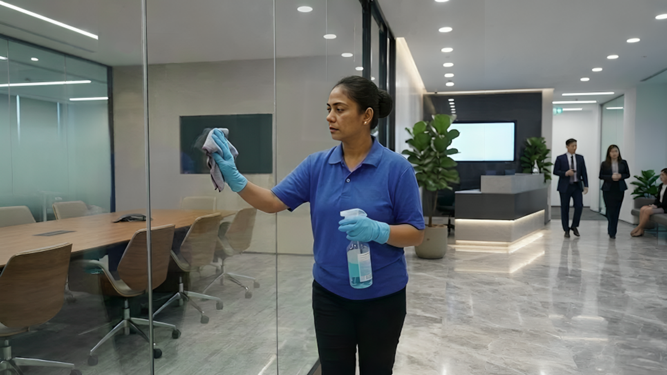Professional cleaner disinfecting glass meeting room in modern office to maintain workplace hygiene and cleaning frequency standards
